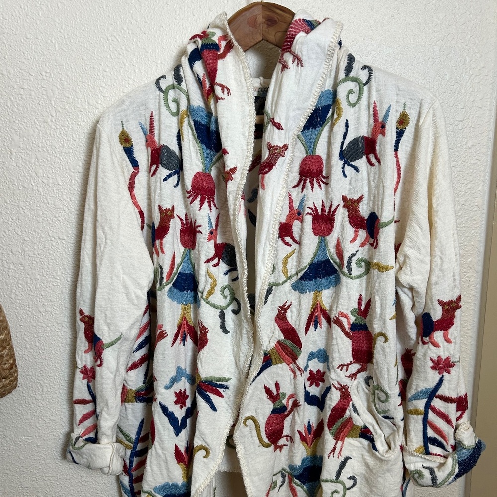 Johnny Was Cream Embroidered Hooded Cardigan with Red, Blue, Green Accents